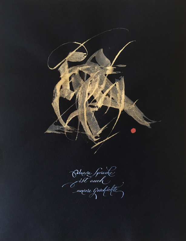 JKuehn JK Kalligraphie für das Bashakriti UNESCO Projekt, in Neu Dehli Indien. Hier aus 2021das Werk "Unsere Sprache ist auch unsere Geschichte" Zitat von Wilhelm Grimm. JKuehn JK Kalligraphie für das Bashakriti UNESCO Projekt, in Neu Dehli Indien. Hier aus 2021das Werk "Unsere Sprache ist auch unsere Geschichte" Zitat von Wilhelm Grimm.